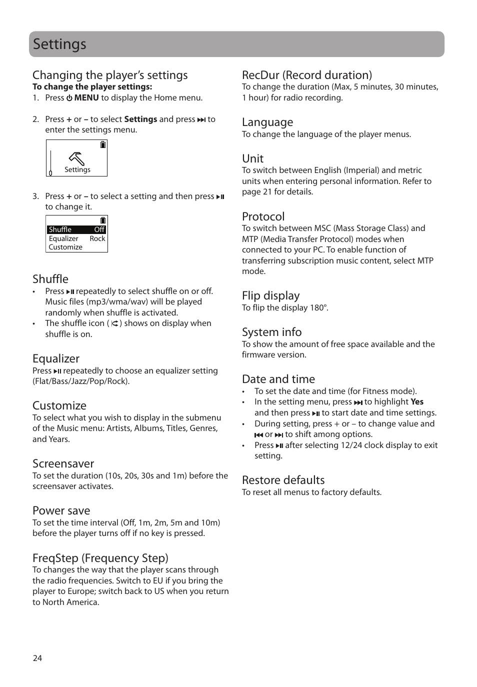 Settings, Changing the player’s settings, Shuffle | Equalizer, Customize, Screensaver, Power save, Freqstep (frequency step), Recdur (record duration), Language | RCA SC2102 User Manual | Page 24 / 29