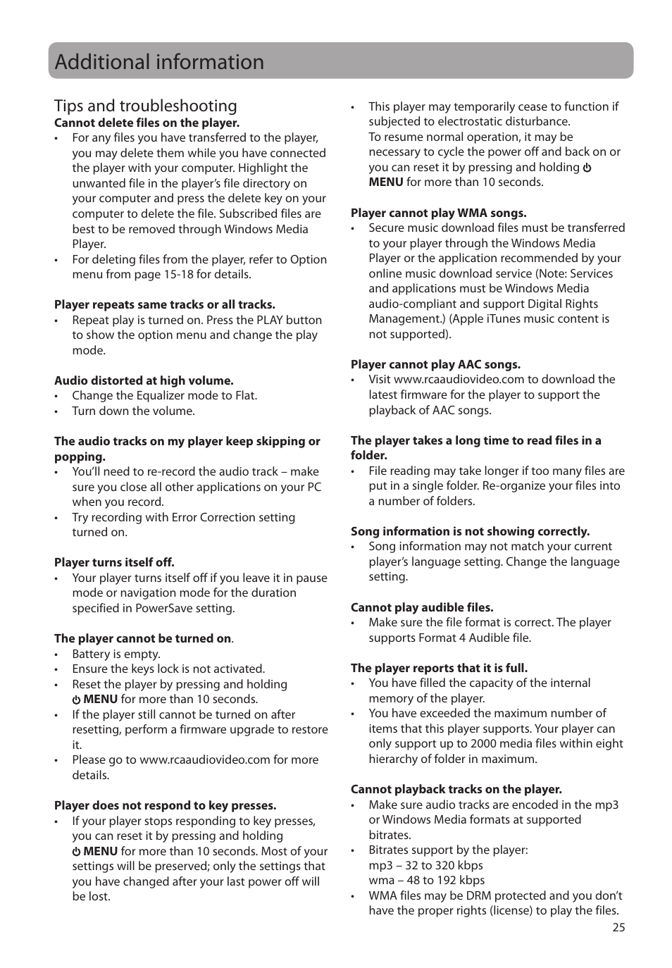 Additional information, Tips and troubleshooting | RCA SC2102 User Manual | Page 25 / 29