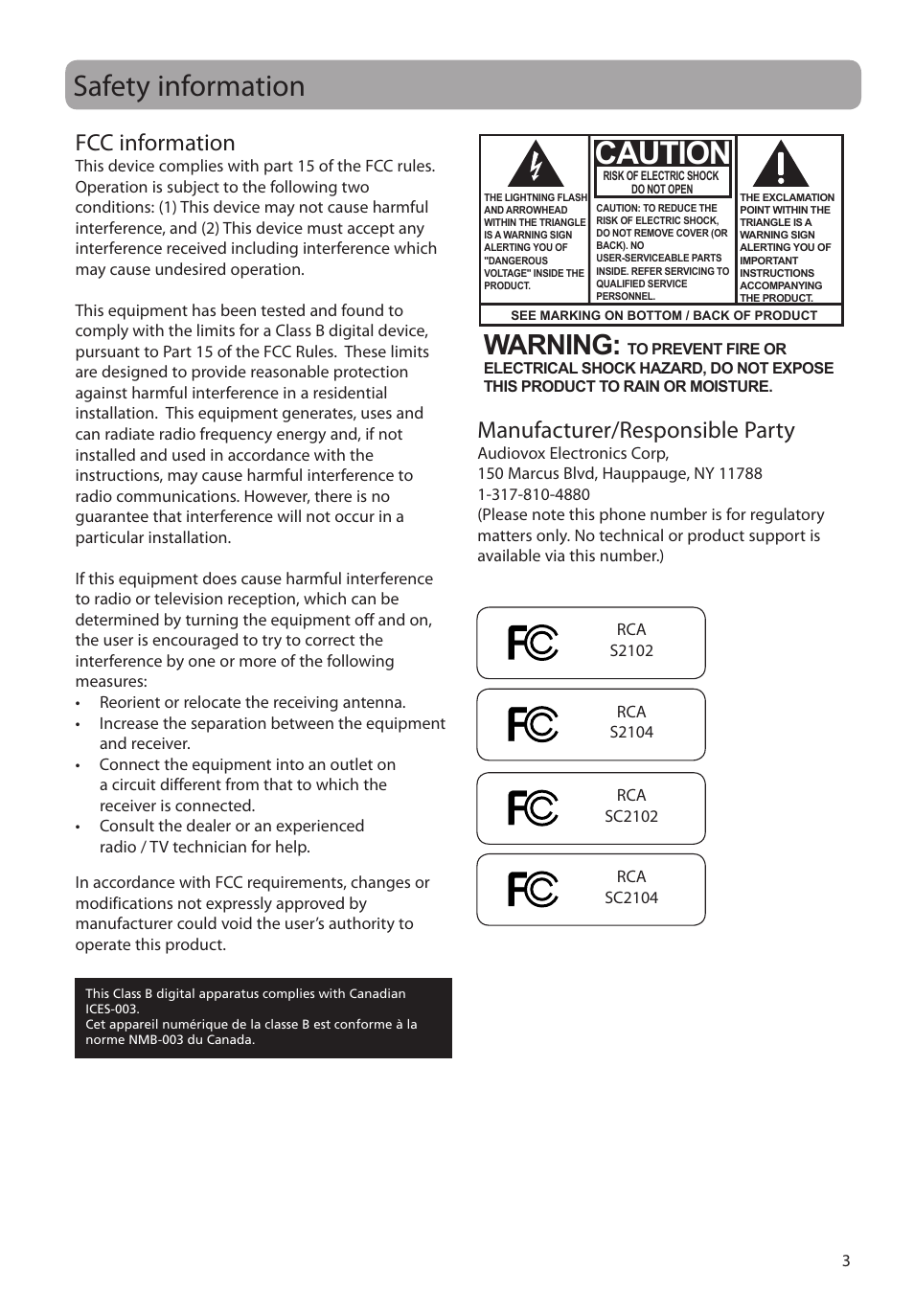 Safety information, Fcc information, Manufacturer/responsible party | Caution, Warning | RCA SC2102 User Manual | Page 3 / 29