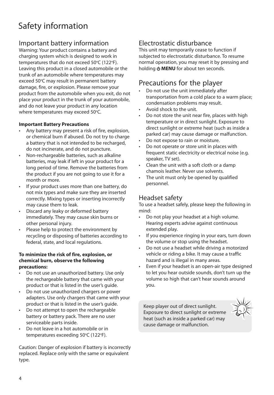 Important battery information, Electrostatic disturbance, Precautions for the player | Headset safety, Safety information | RCA SC2102 User Manual | Page 4 / 29