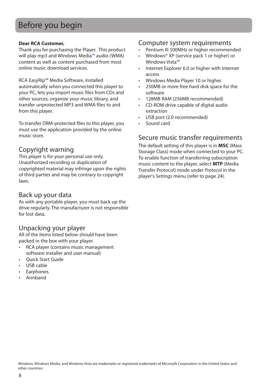 Before you begin, Copyright warning, Back up your data | Unpacking your player, Computer system requirements, Secure music transfer requirements | RCA SC2102 User Manual | Page 8 / 29