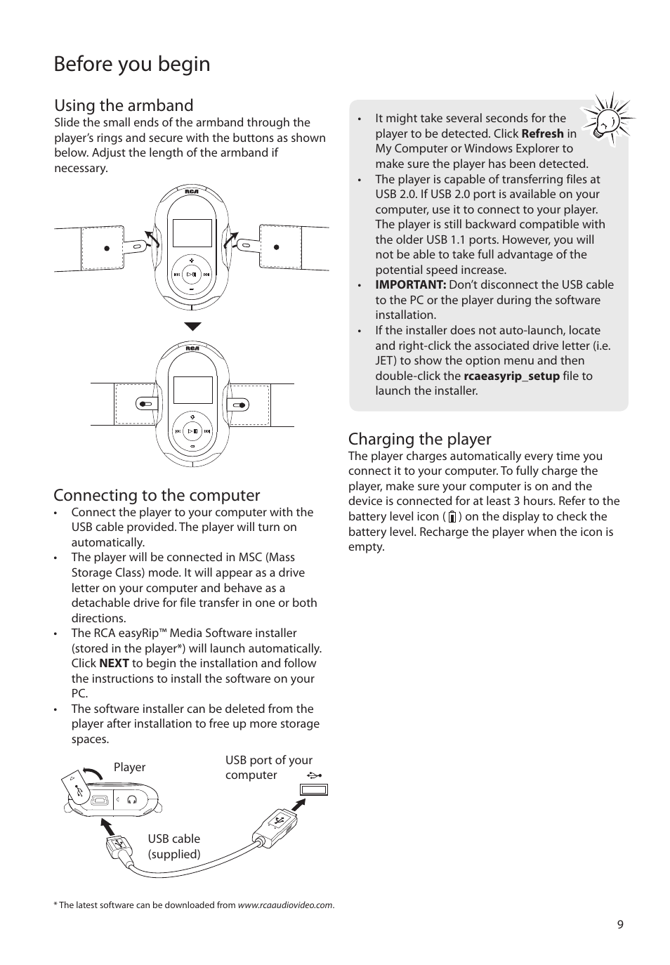 Using the armband, Connecting to the computer, Charging the player | Before you begin | RCA SC2102 User Manual | Page 9 / 29