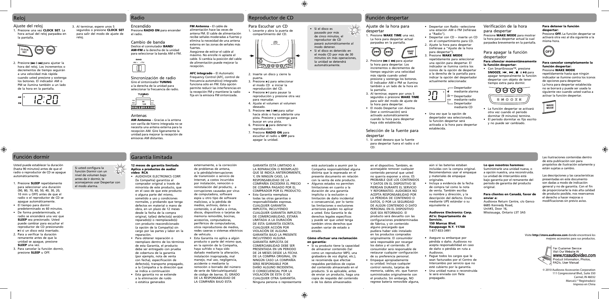 Reloj, Radio, Reproductor de cd función despertar | Función dormir garantía limitada | RCA RP5605 User Manual | Page 2 / 3
