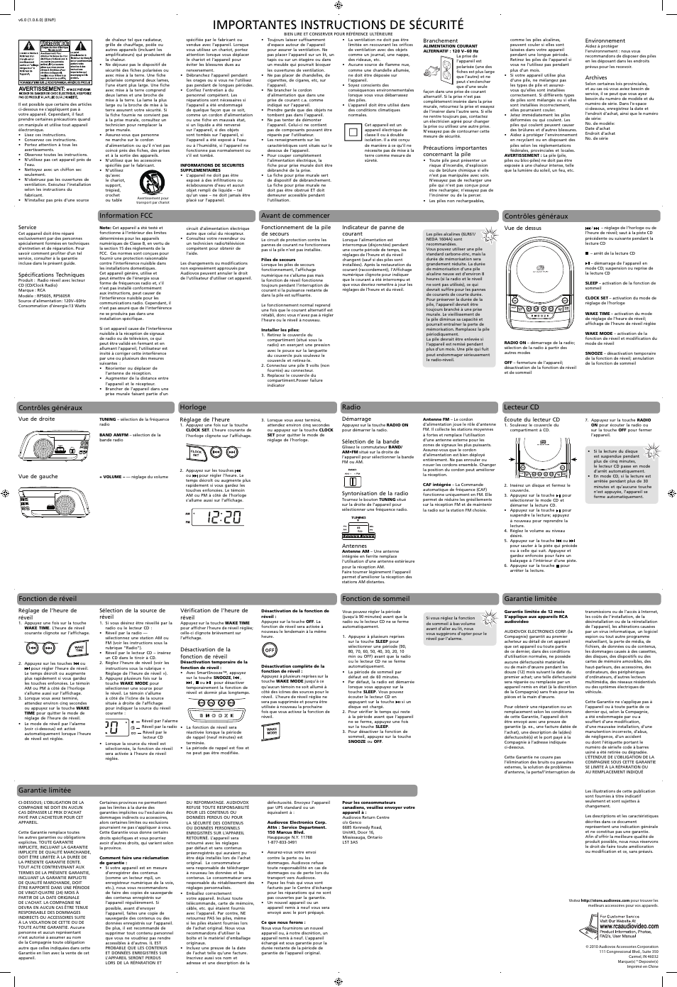 Importantes instructions de sécurité, Fonction de sommeil, Avant de commencer | Horloge radio, Contrôles généraux, Garantie limitée, Information fcc | RCA RP5605 User Manual | Page 3 / 3