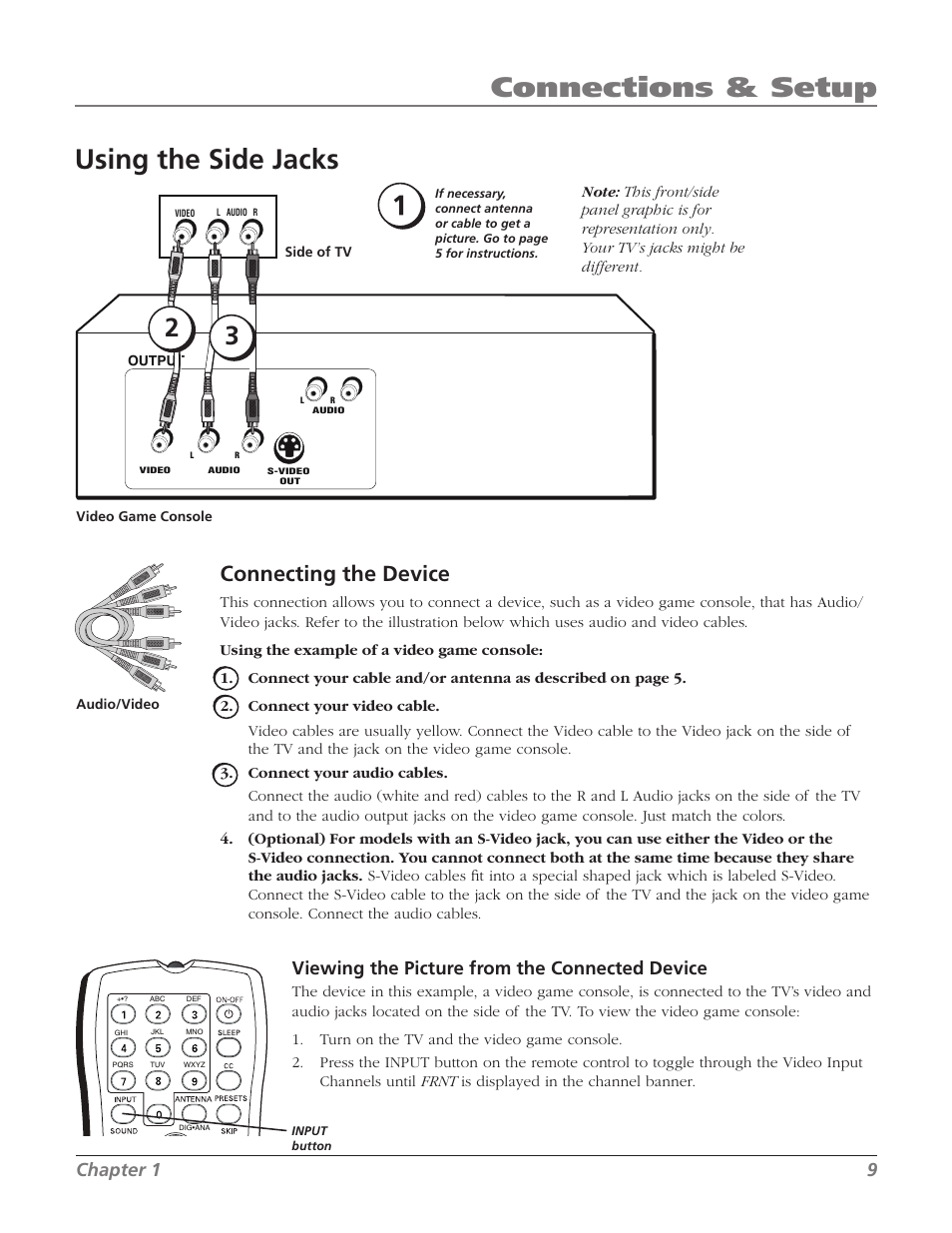Using the side jacks, Connections & setup, Connecting the device | Viewing the picture from the connected device, Chapter 1 | RCA 27F524T User Manual | Page 11 / 48