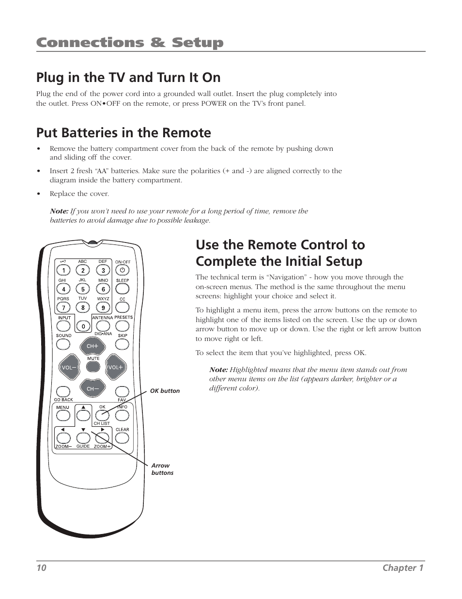 Plug in the tv and turn it on, Put batteries in the remote, Connections & setup | RCA 27F524T User Manual | Page 12 / 48