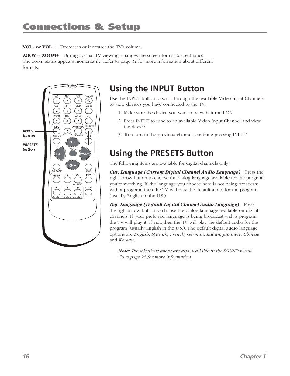 Using the input button, Using the presets button, Connections & setup | 1 chapter 1 | RCA 27F524T User Manual | Page 18 / 48