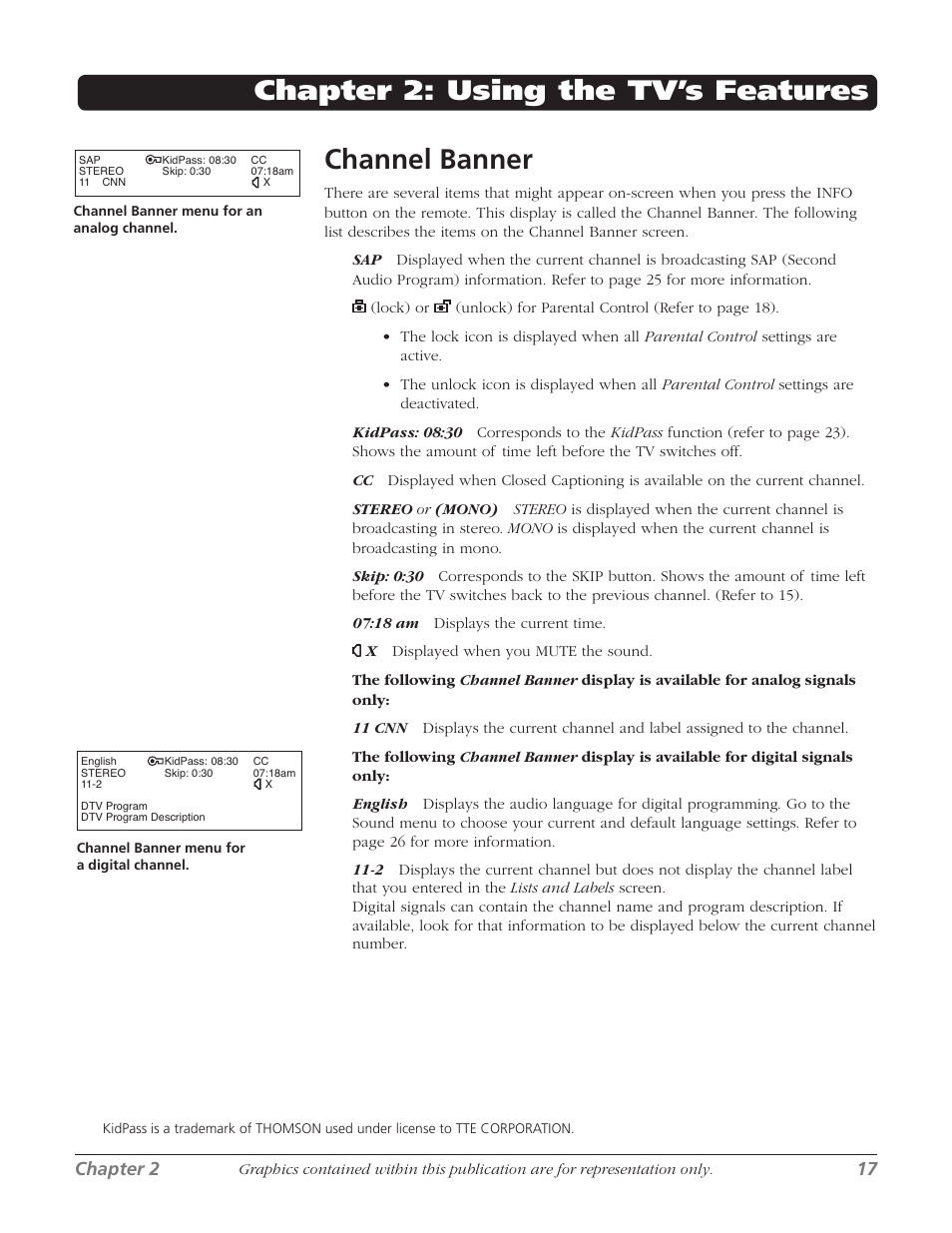 Chapter 2: using the tv’s features channel banner, Chapter  1 | RCA 27F524T User Manual | Page 19 / 48