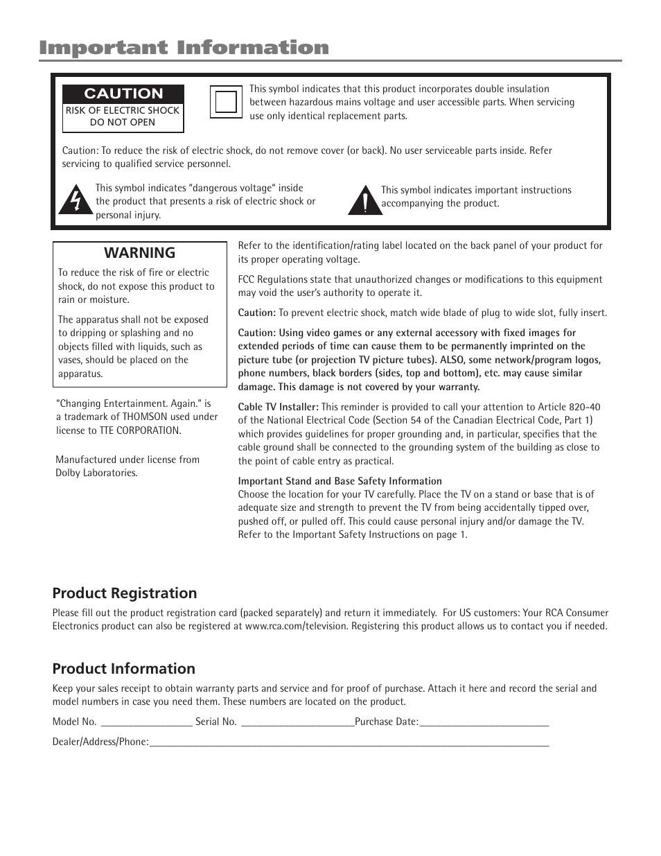 Important information, Product registration, Product information | Warning, Caution | RCA 27F524T User Manual | Page 2 / 48