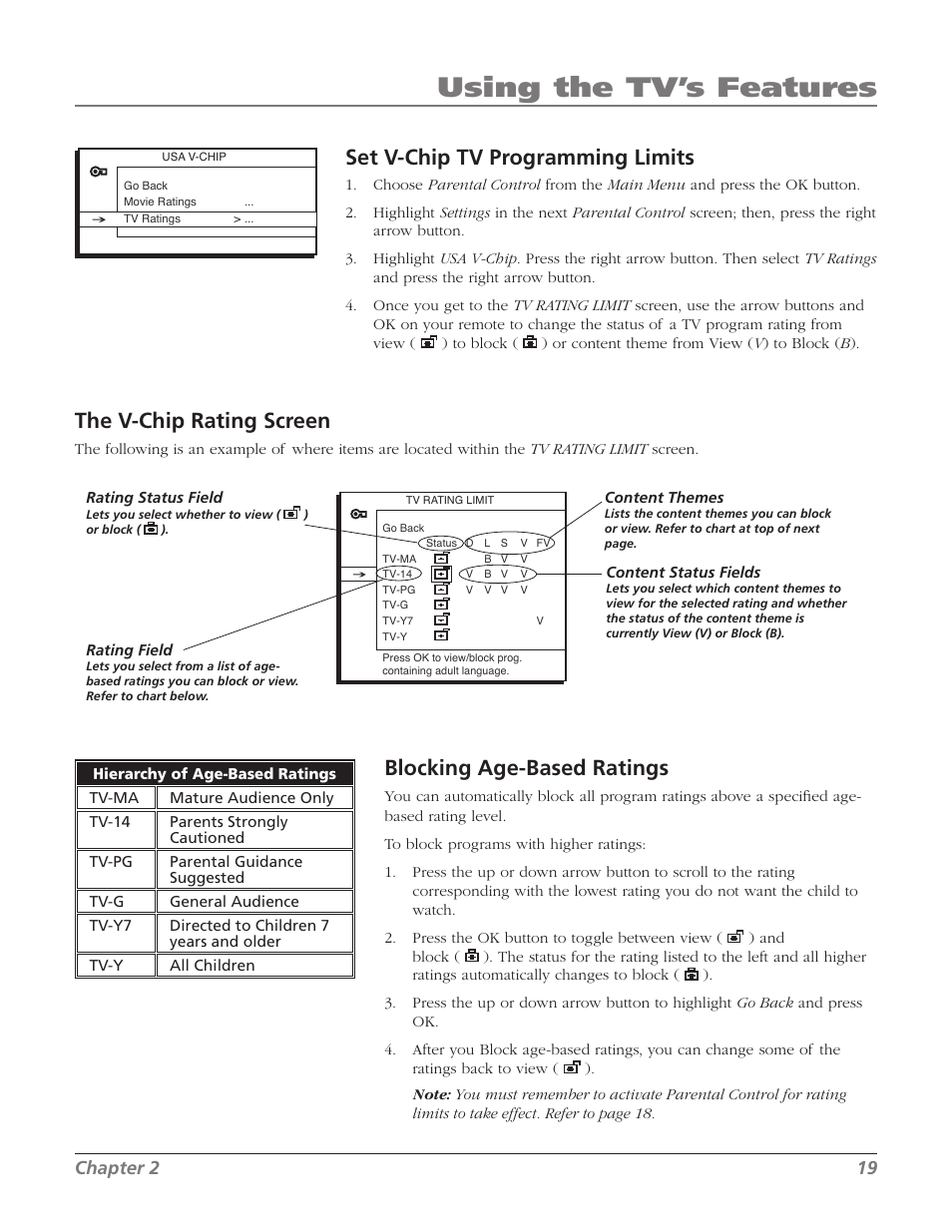 Using the tv’s features, The v-chip rating screen, Blocking age-based ratings | Set v-chip tv programming limits, Chapter  1 | RCA 27F524T User Manual | Page 21 / 48