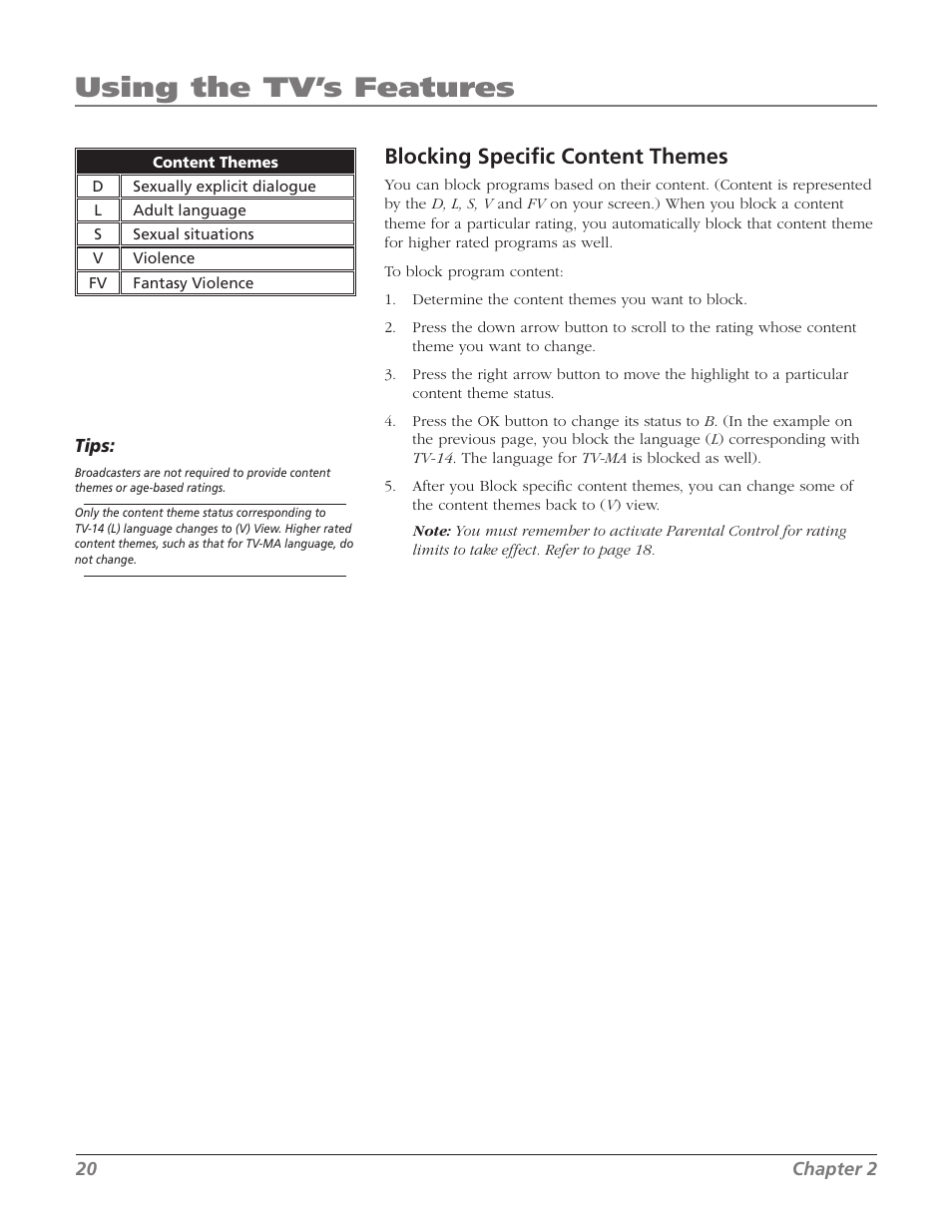 Using the tv’s features, Blocking specific content themes | RCA 27F524T User Manual | Page 22 / 48