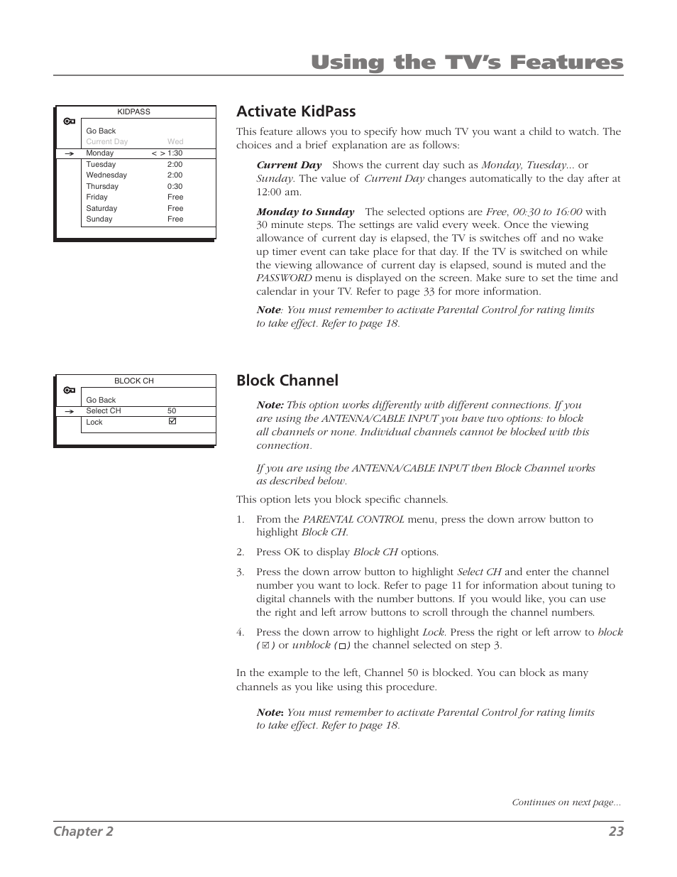 Using the tv’s features, Activate kidpass, Block channel | Chapter | RCA 27F524T User Manual | Page 25 / 48