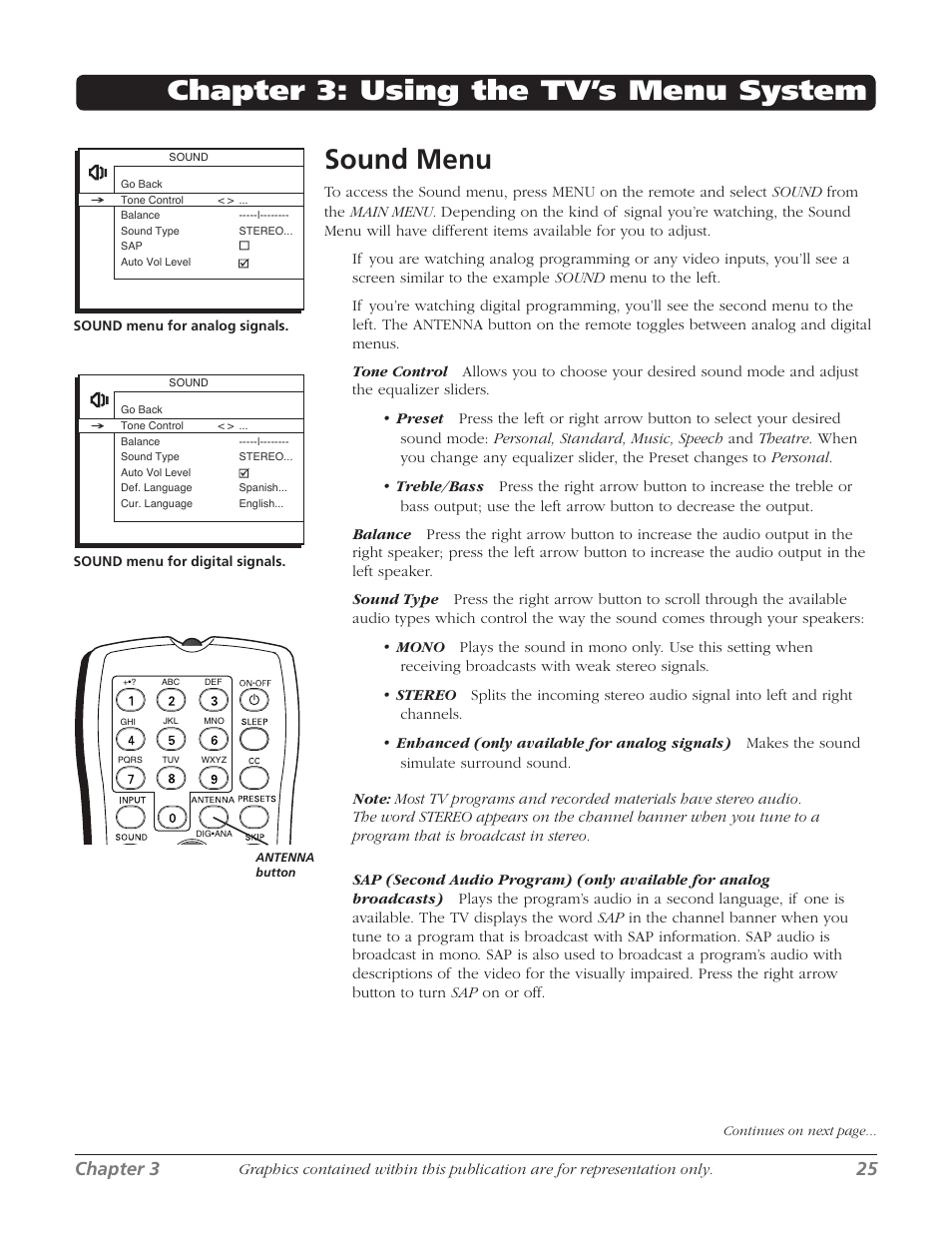 Chapter 3: using the tv’s menu system sound menu, Chapter | RCA 27F524T User Manual | Page 27 / 48