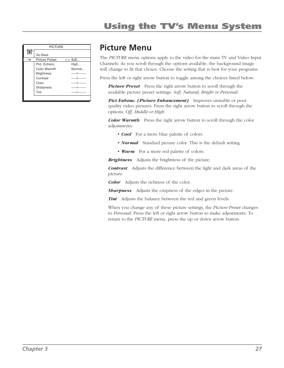 Picture menu, Using the tv’s menu system, Chapter | RCA 27F524T User Manual | Page 29 / 48