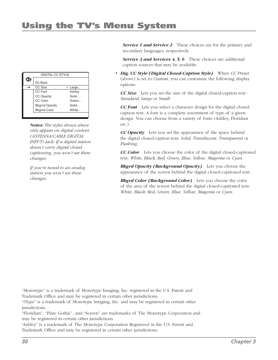 Using the tv’s menu system, 0 chapter | RCA 27F524T User Manual | Page 32 / 48