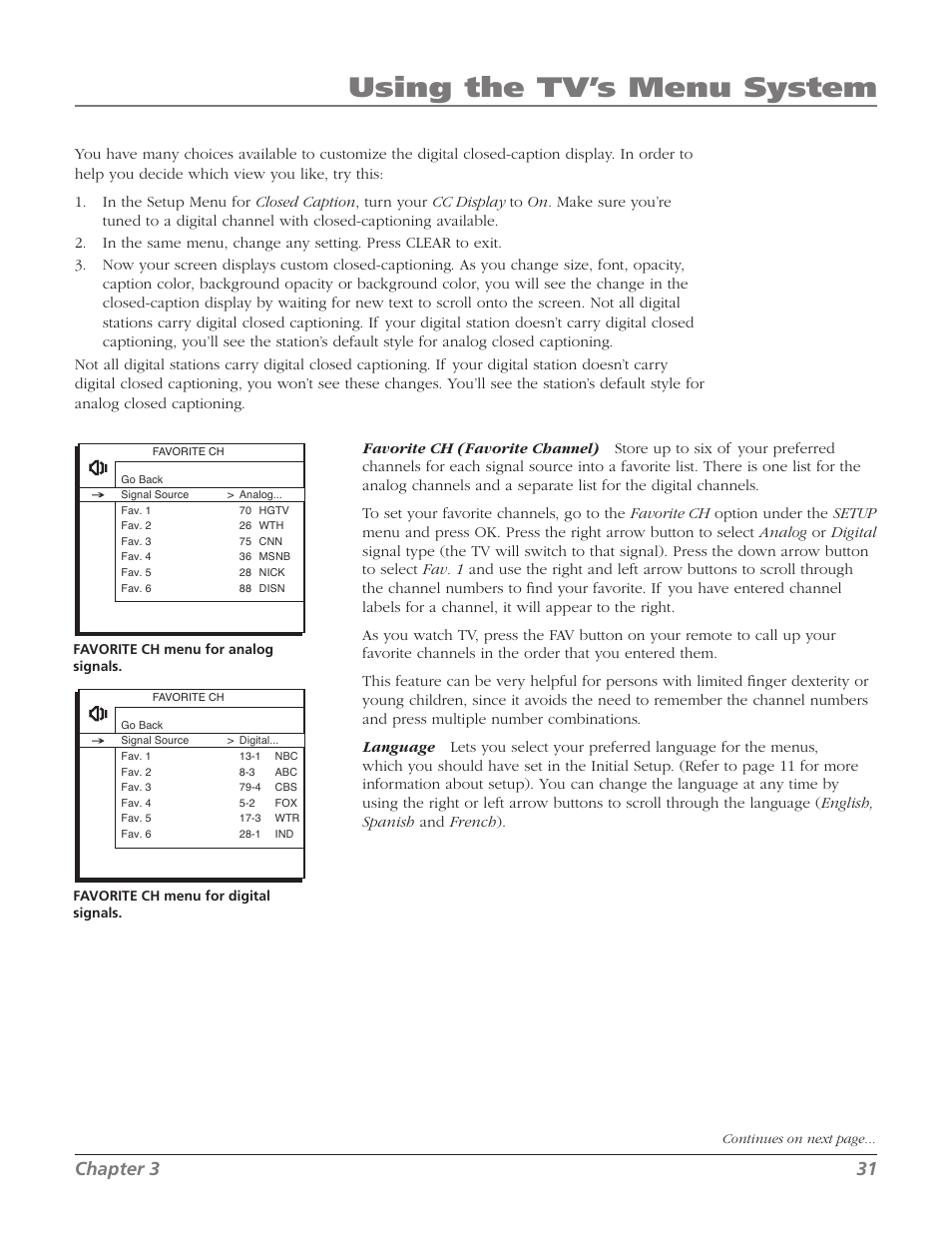 Using the tv’s menu system, Chapter  1 | RCA 27F524T User Manual | Page 33 / 48