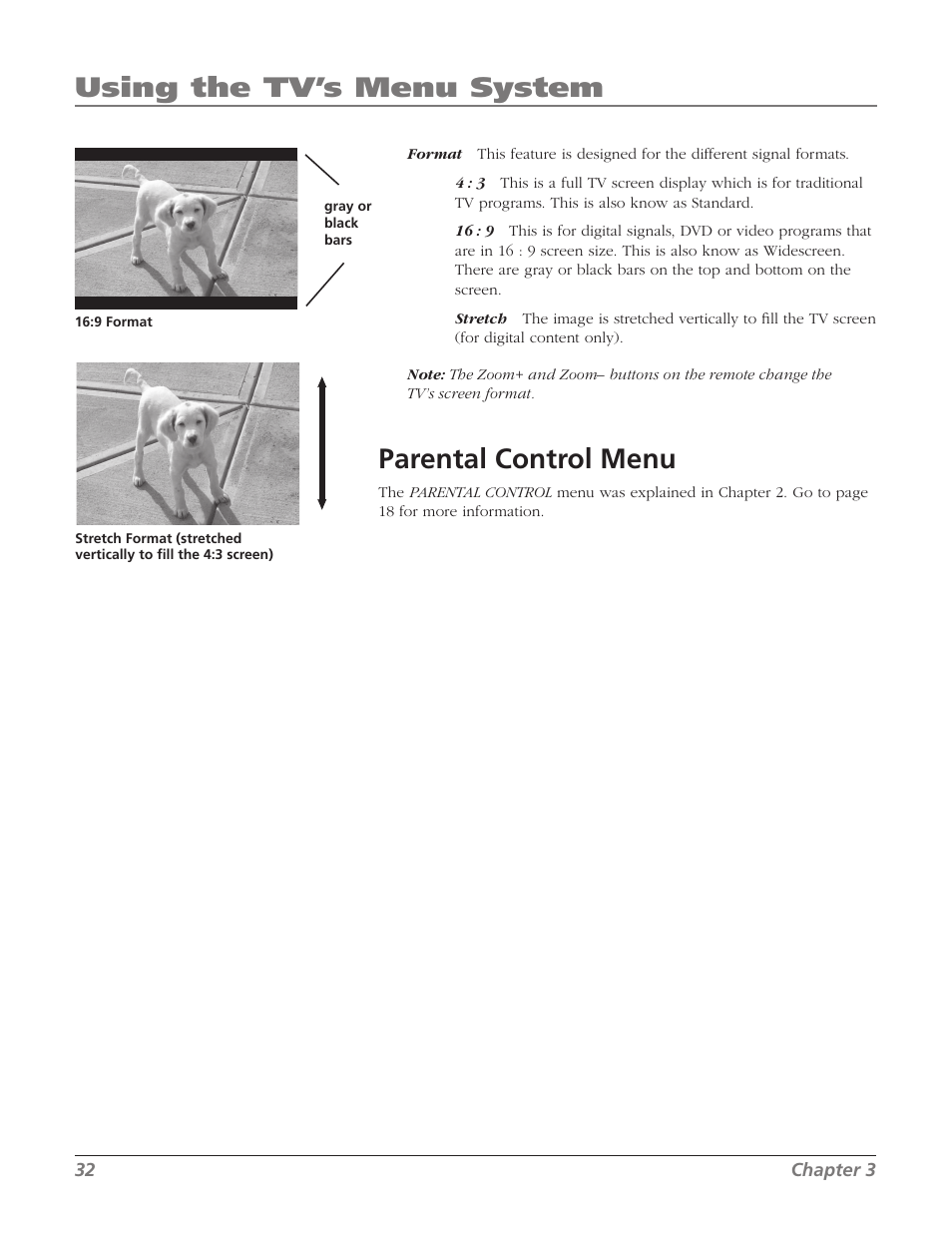 Parental control menu, Using the tv’s menu system | RCA 27F524T User Manual | Page 34 / 48