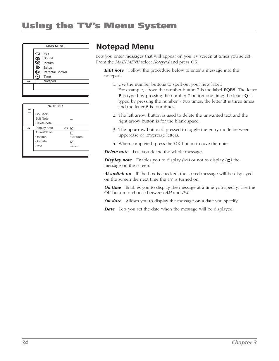 Using the tv’s menu system, Chapter | RCA 27F524T User Manual | Page 36 / 48