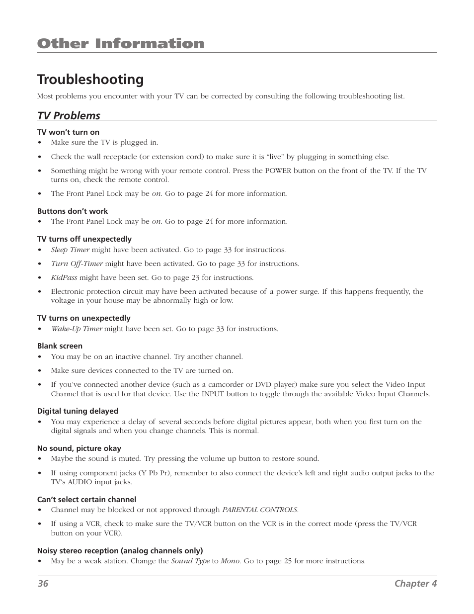 Troubleshooting, Other information, Tv problems | RCA 27F524T User Manual | Page 38 / 48
