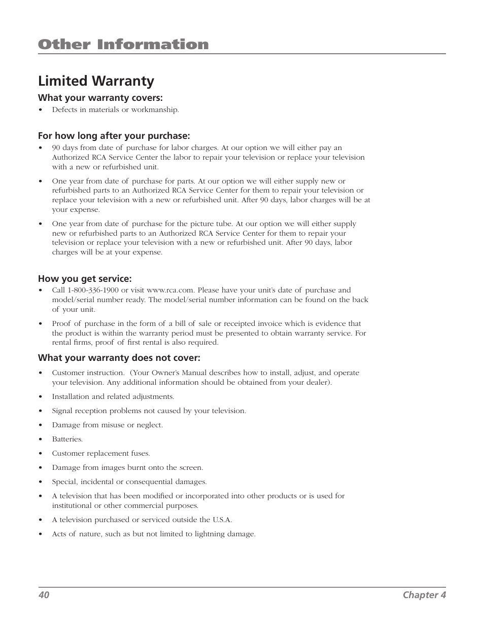 Limited warranty, Other information | RCA 27F524T User Manual | Page 42 / 48