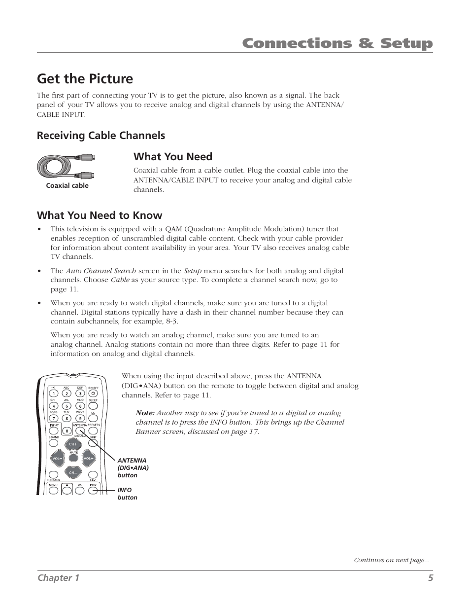 Get the picture, Connections & setup, What you need to know | Receiving cable channels, What you need, Chapter 1 | RCA 27F524T User Manual | Page 7 / 48