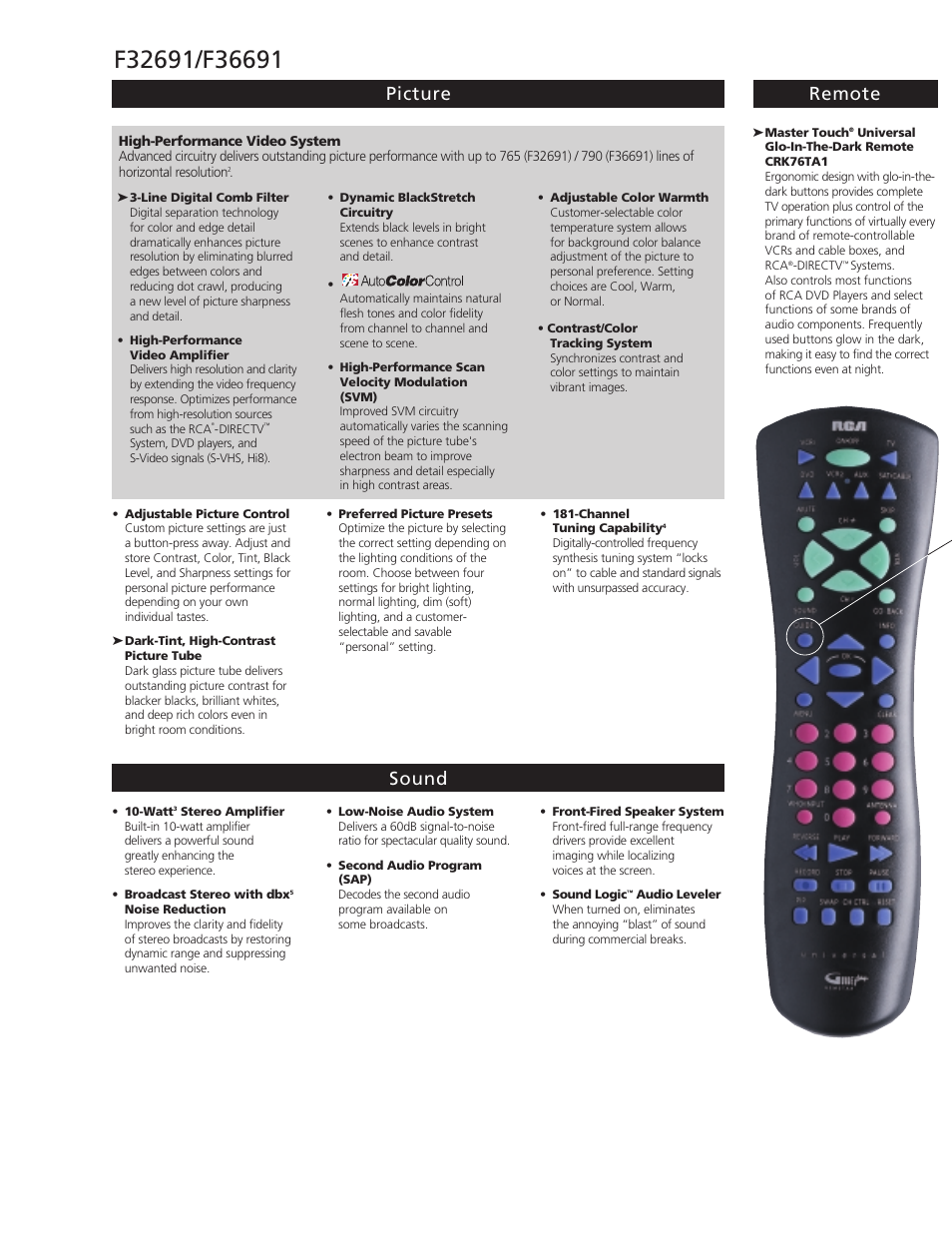 Picture remote sound | RCA F36691 User Manual | Page 2 / 4