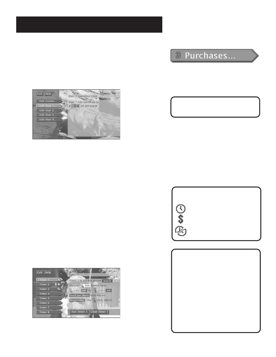 Spending limits, Timers feature, The menu system | RCA 1998 User Manual | Page 38 / 64