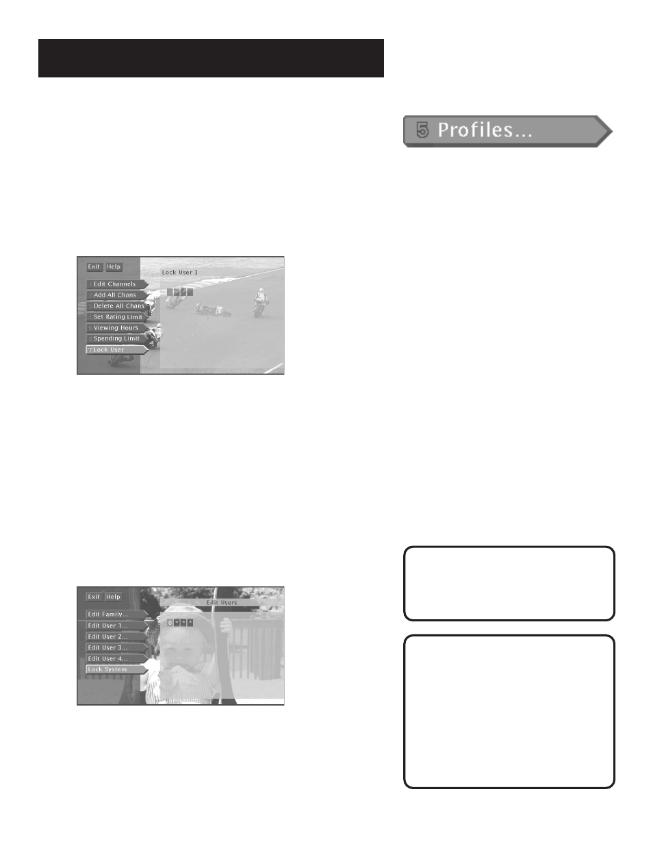 Locking a user’s profile, Locking the system, The menu system | RCA 1998 User Manual | Page 42 / 64