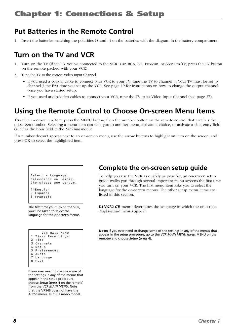 Chapter 1: connections & setup, Put batteries in the remote control, Turn on the tv and vcr | Complete the on-screen setup guide | RCA VR546 User Manual | Page 10 / 32