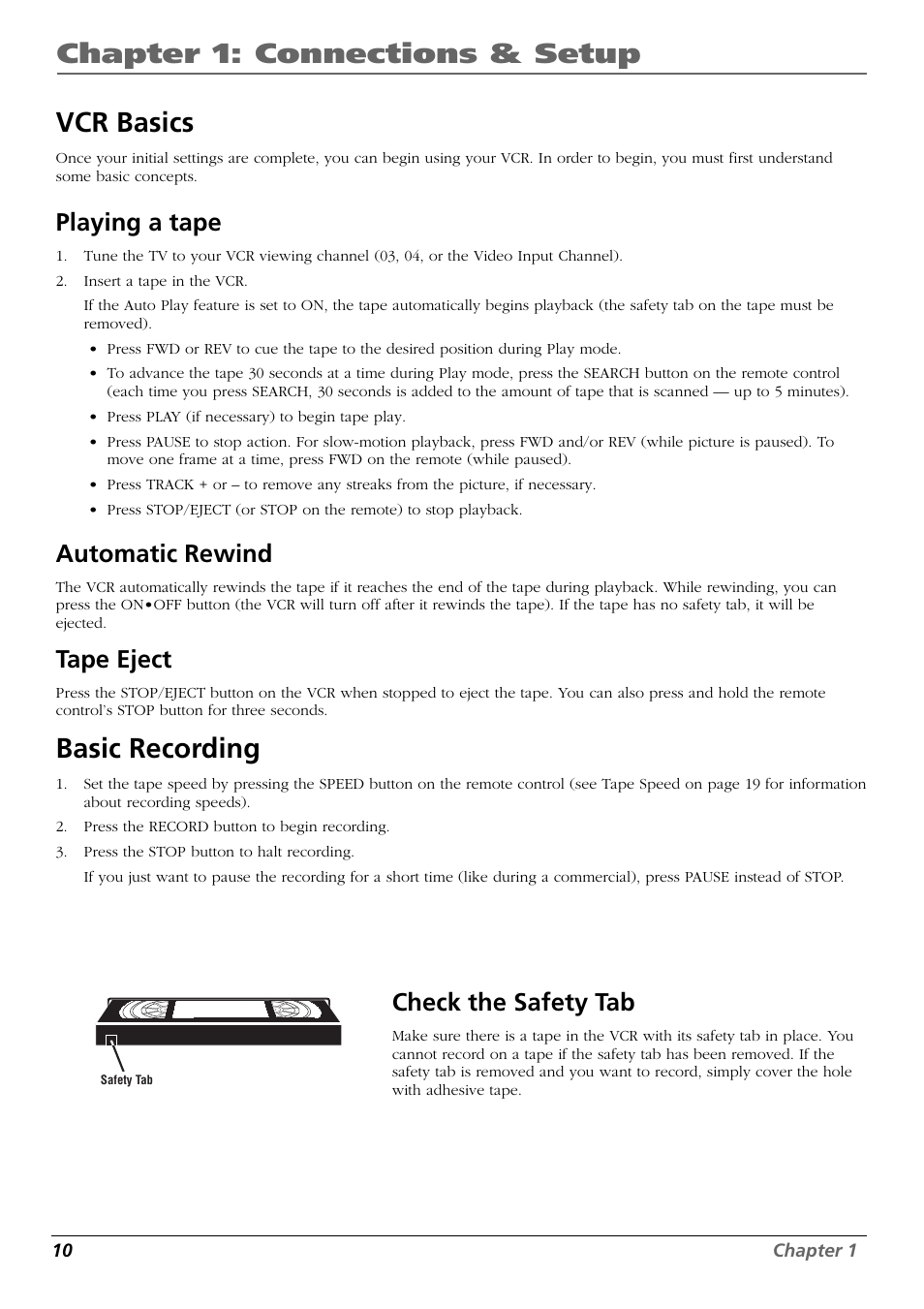 Chapter 1: connections & setup, Vcr basics, Basic recording | Playing a tape, Automatic rewind, Tape eject, Check the safety tab | RCA VR546 User Manual | Page 12 / 32