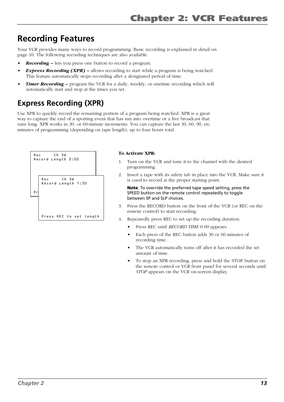 Chapter 2: vcr features, Recording features, Express recording (xpr) | RCA VR546 User Manual | Page 15 / 32
