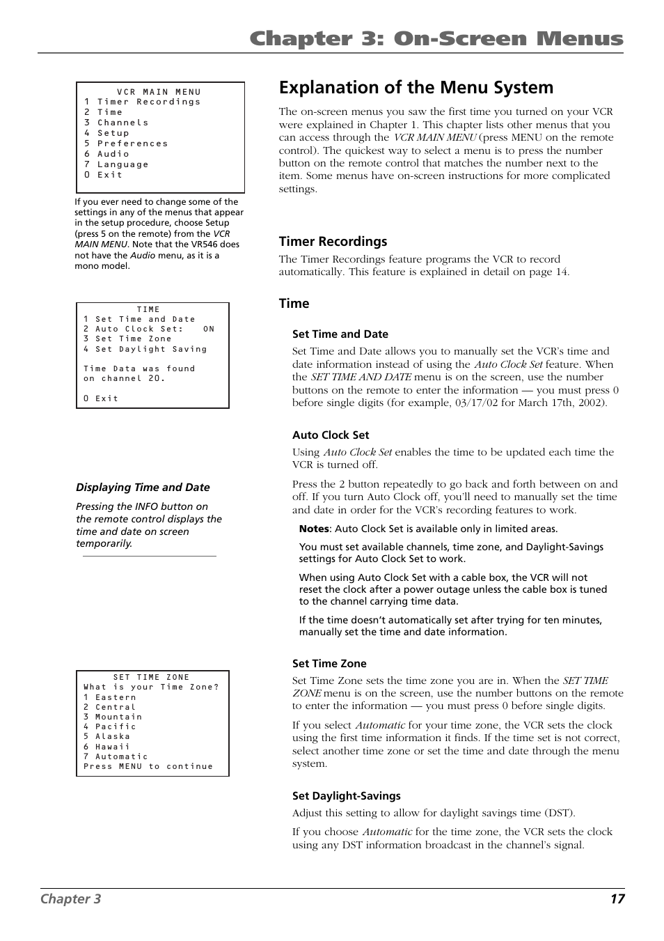 Chapter 3: on-screen menus, Explanation of the menu system, Chapter 3 17 | Timer recordings, Time | RCA VR546 User Manual | Page 19 / 32