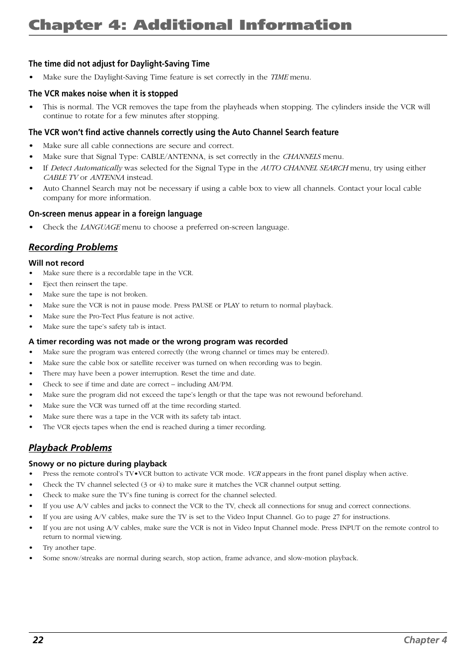 Chapter 4: additional information, 22 chapter 4, Recording problems | Playback problems | RCA VR546 User Manual | Page 24 / 32