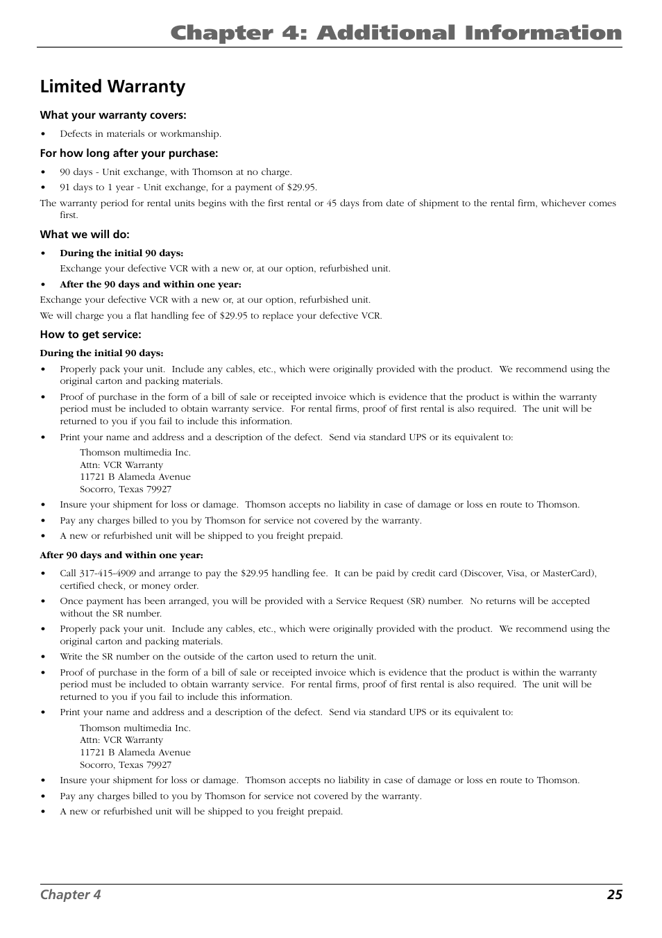 Chapter 4: additional information, Limited warranty, Chapter 4 25 | RCA VR546 User Manual | Page 27 / 32