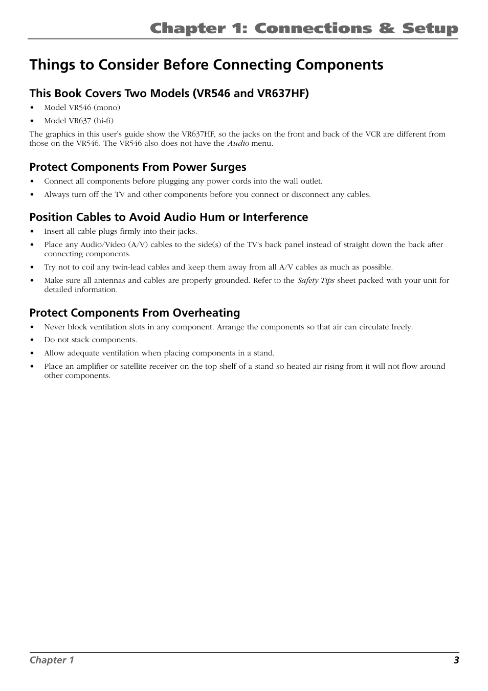 Chapter 1: connections & setup, Things to consider before connecting components, Protect components from power surges | Position cables to avoid audio hum or interference, Protect components from overheating | RCA VR546 User Manual | Page 5 / 32