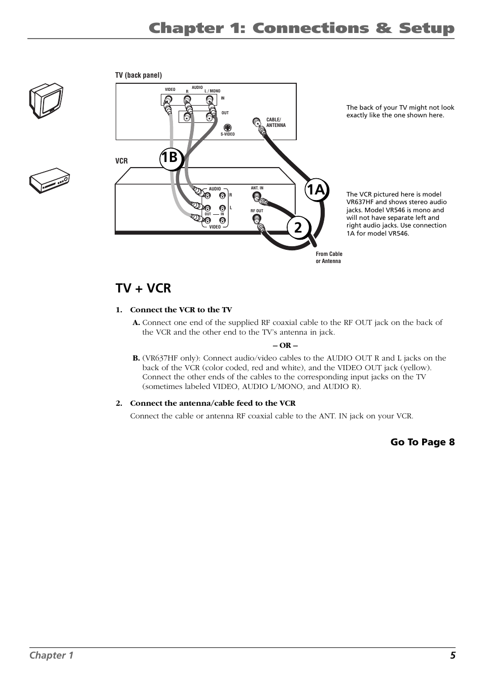 Chapter 1: connections & setup, Tv + vcr, Chapter 1 5 | Go to page 8 | RCA VR546 User Manual | Page 7 / 32