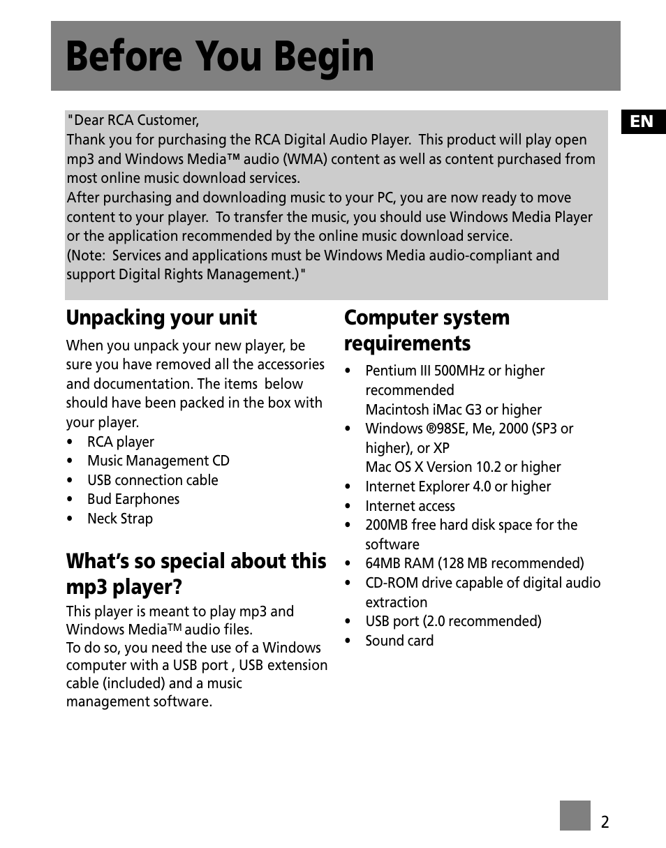 Before you begin, Unpacking your unit, What’s so special about this mp3 player | Computer system requirements | RCA M250 User Manual | Page 11 / 48