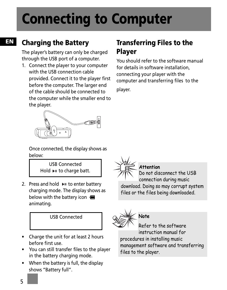 Connecting to computer, Charging the battery, Transferring files to the player | RCA M250 User Manual | Page 14 / 48