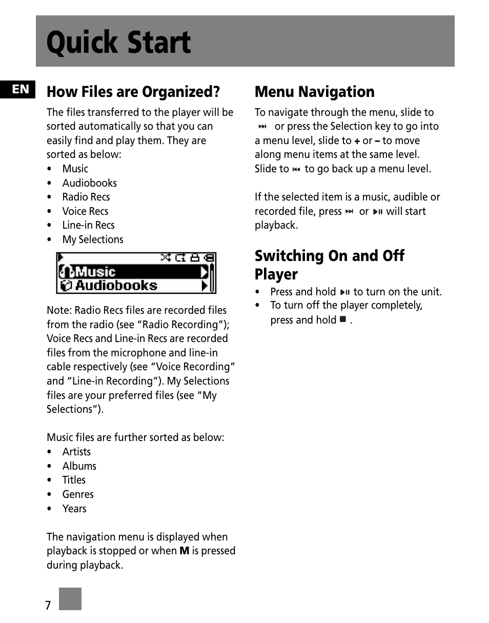 Quick start, How files are organized, Menu navigation | Switching on and off player | RCA M250 User Manual | Page 16 / 48