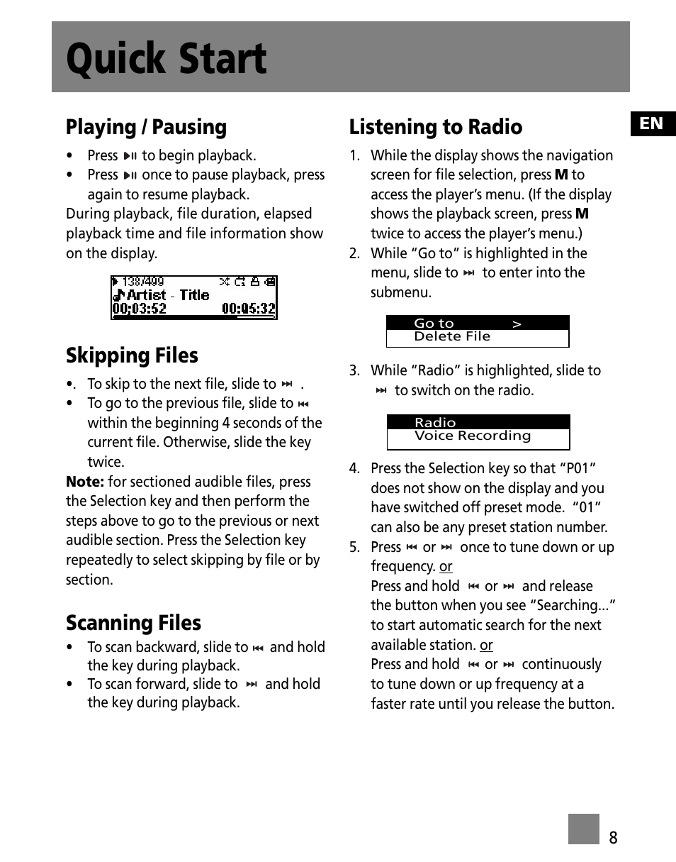 Quick start, Playing / pausing, Skipping files | Scanning files, Listening to radio | RCA M250 User Manual | Page 17 / 48