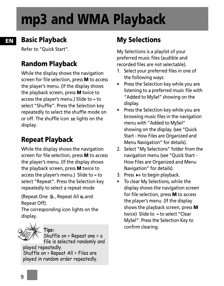 Mp3 and wma playback, Basic playback, Random playback | Repeat playback, My selections | RCA M250 User Manual | Page 18 / 48