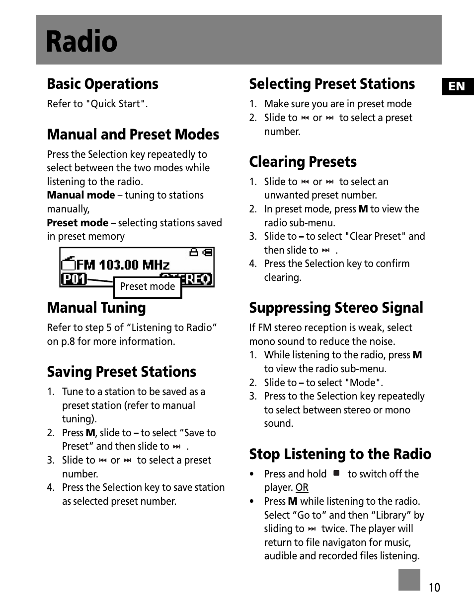 Radio, Basic operations, Manual and preset modes | Manual tuning, Saving preset stations, Selecting preset stations, Clearing presets, Suppressing stereo signal, Stop listening to the radio | RCA M250 User Manual | Page 19 / 48