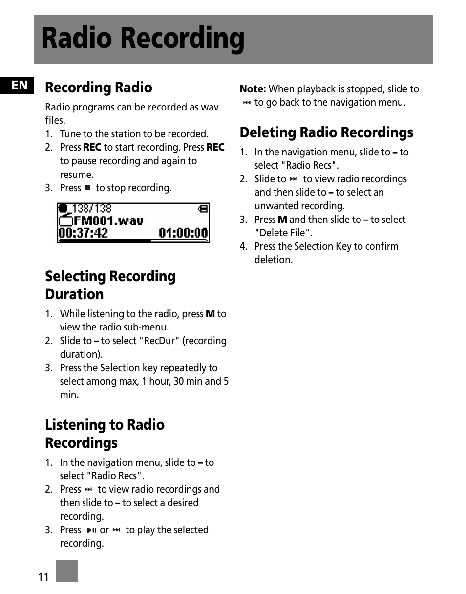 Radio recording, Recording radio, Selecting recording duration | Listening to radio recordings, Deleting radio recordings | RCA M250 User Manual | Page 20 / 48