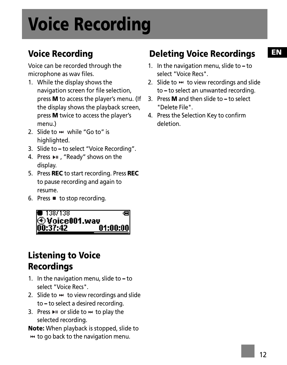 Voice recording, Listening to voice recordings, Deleting voice recordings | RCA M250 User Manual | Page 21 / 48