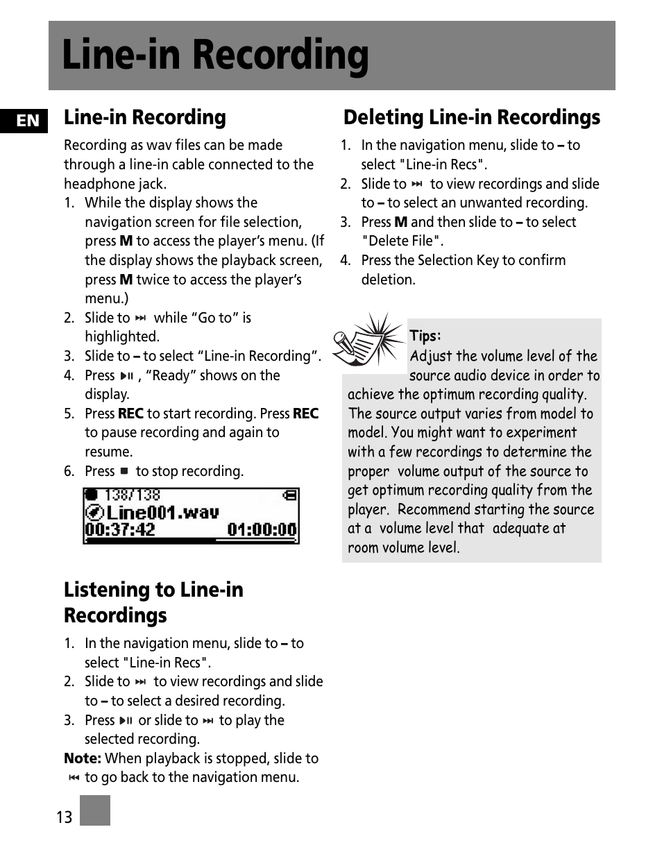 Line-in recording, Listening to line-in recordings, Deleting line-in recordings | RCA M250 User Manual | Page 22 / 48