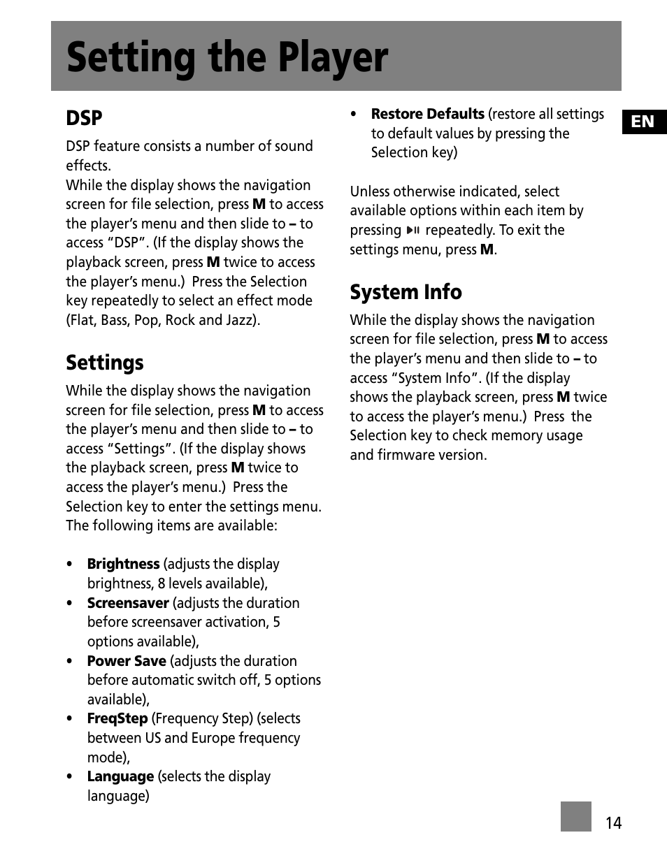 Setting the player, Settings, System info | RCA M250 User Manual | Page 23 / 48