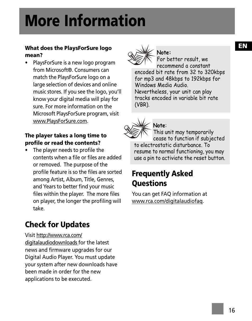 More information, Check for updates, Frequently asked questions | RCA M250 User Manual | Page 25 / 48