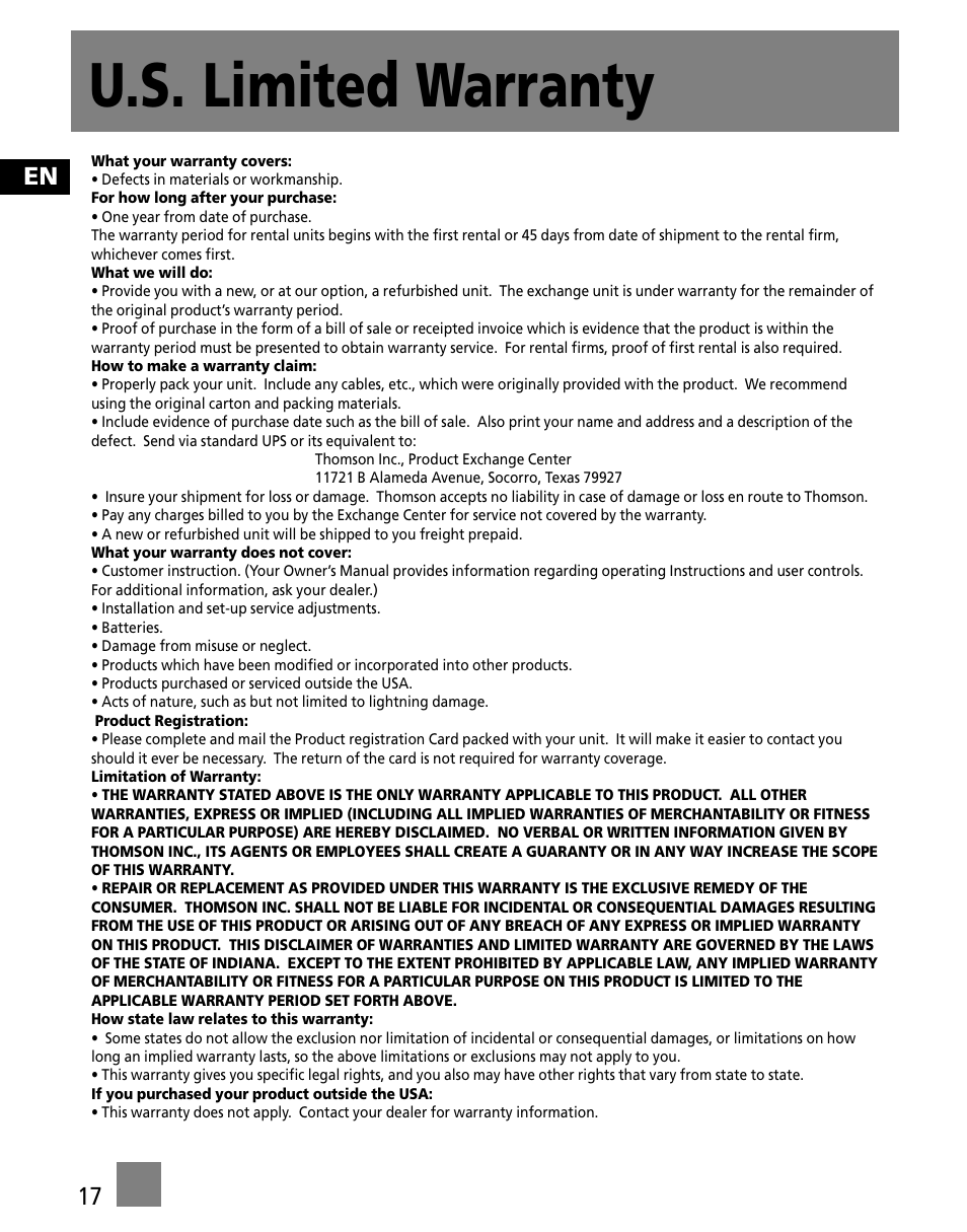 U.s. limited warranty | RCA M250 User Manual | Page 26 / 48