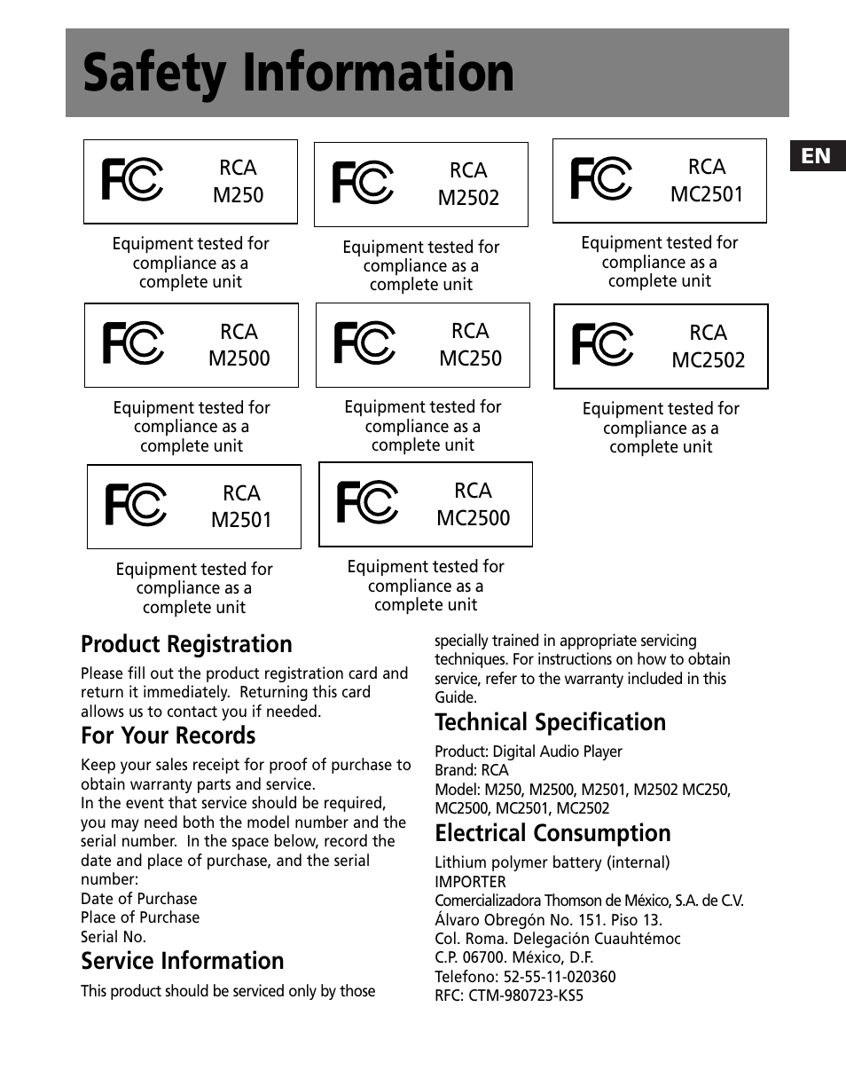 Safety information, Product registration, For your records | Service information, Technical specification, Electrical consumption | RCA M250 User Manual | Page 3 / 48