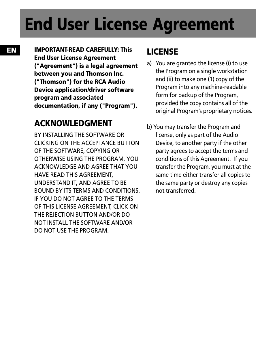 End user license agreement | RCA M250 User Manual | Page 4 / 48